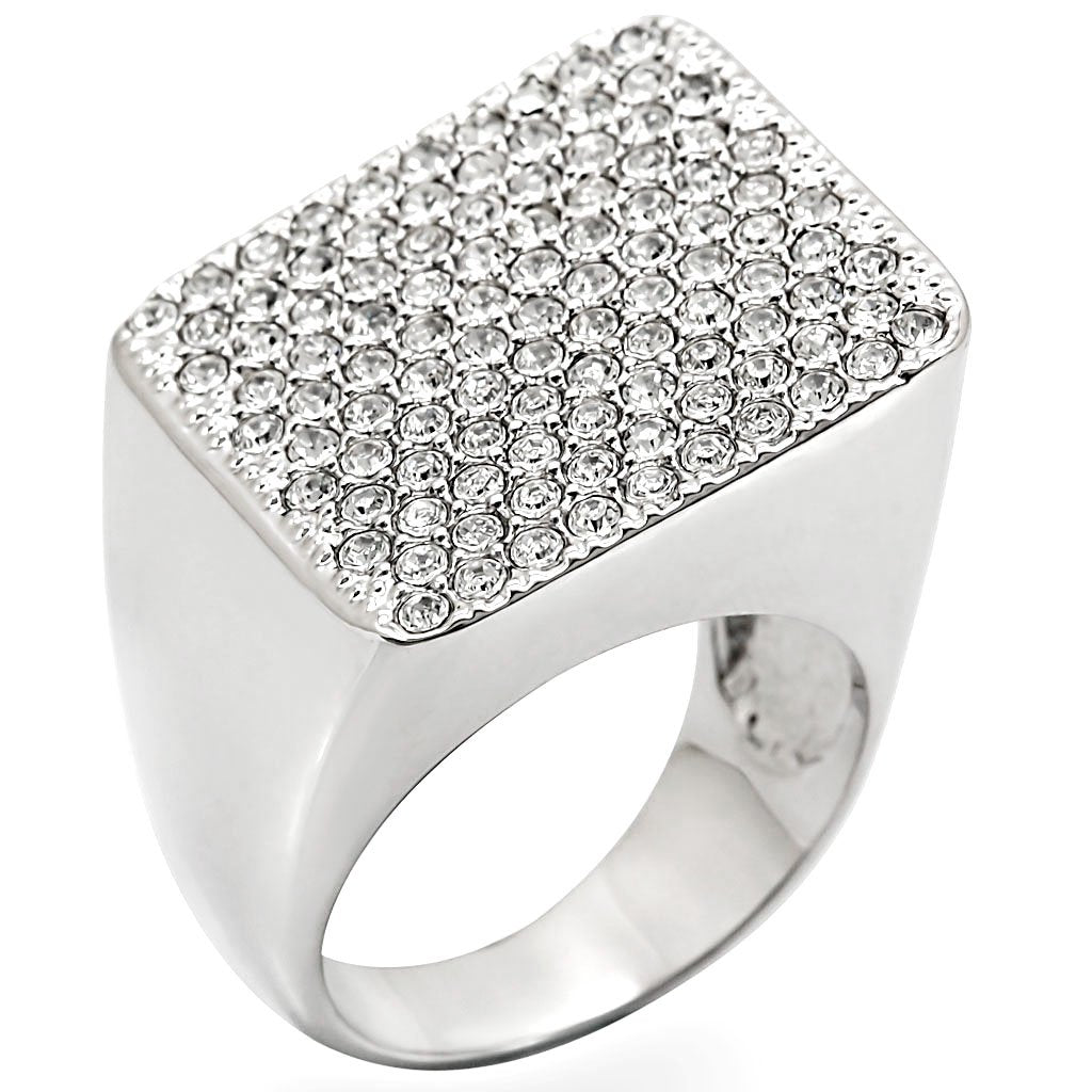 JCE035 Rhodium Brass Ring with Top Grade Crystal  in Clear