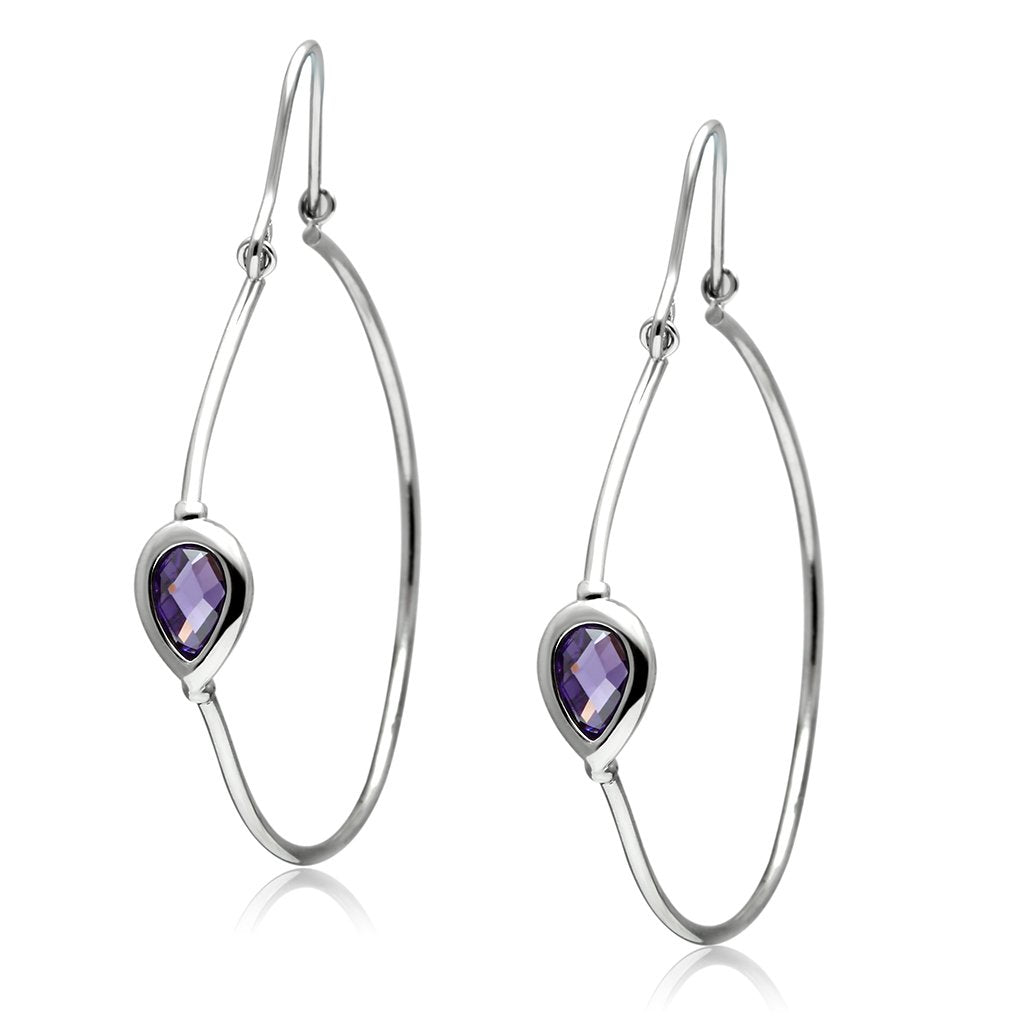 JCE099 Rhodium Brass Earrings with AAA Grade CZ  in Amethyst