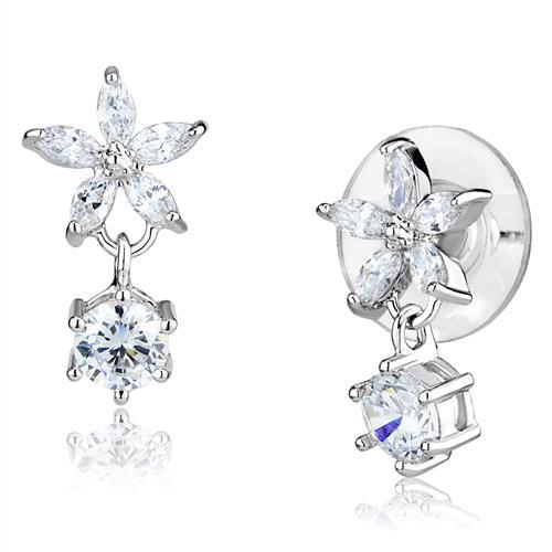 JCE1281 Rhodium Brass Earrings with AAA Grade CZ  in Clear