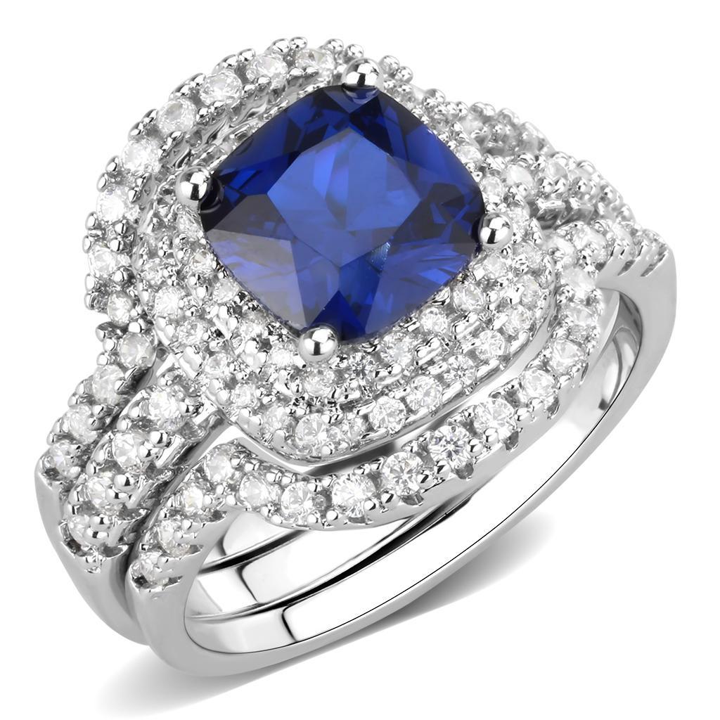 JCE1599 Rhodium Brass Ring with Synthetic Spinel in London Blue