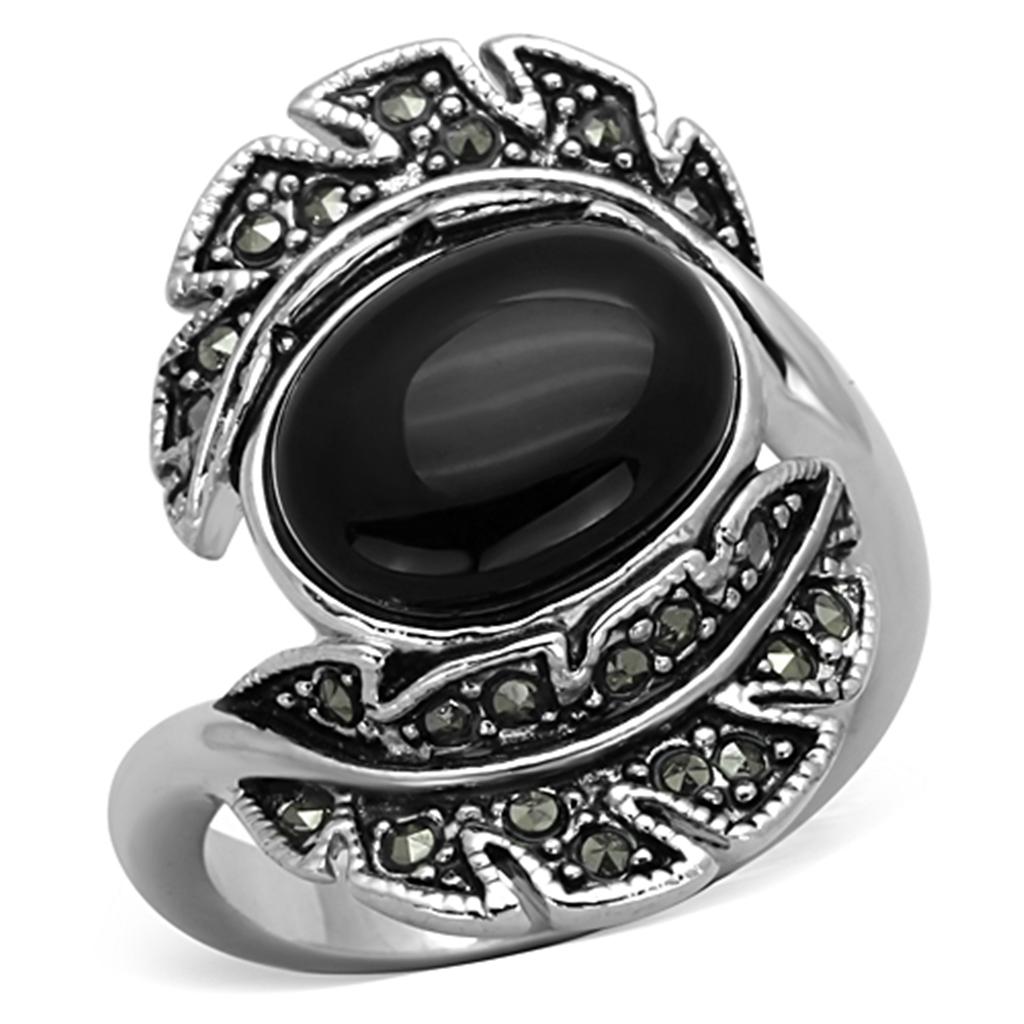 JCE597 Rhodium Brass Ring with Synthetic Onyx in Jet