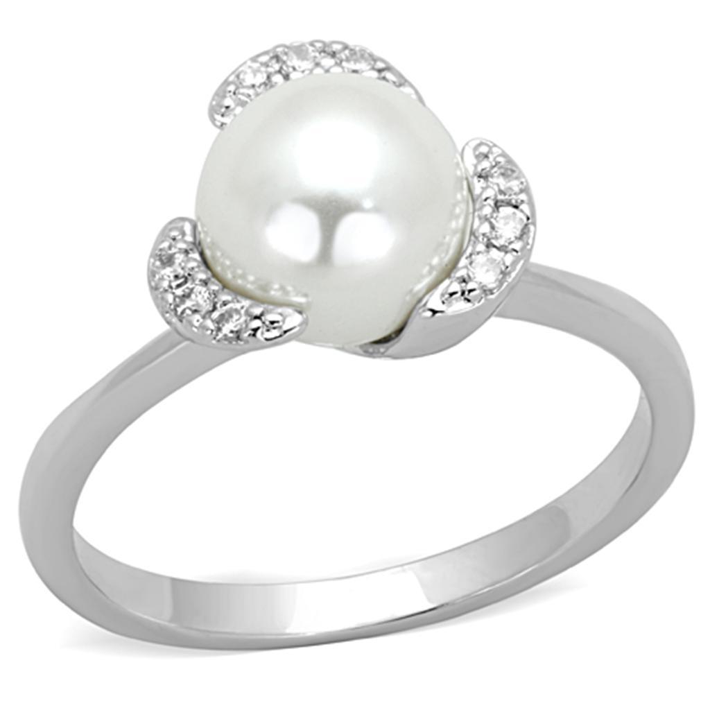 JCE721 Rhodium Brass Ring with Synthetic Pearl in White