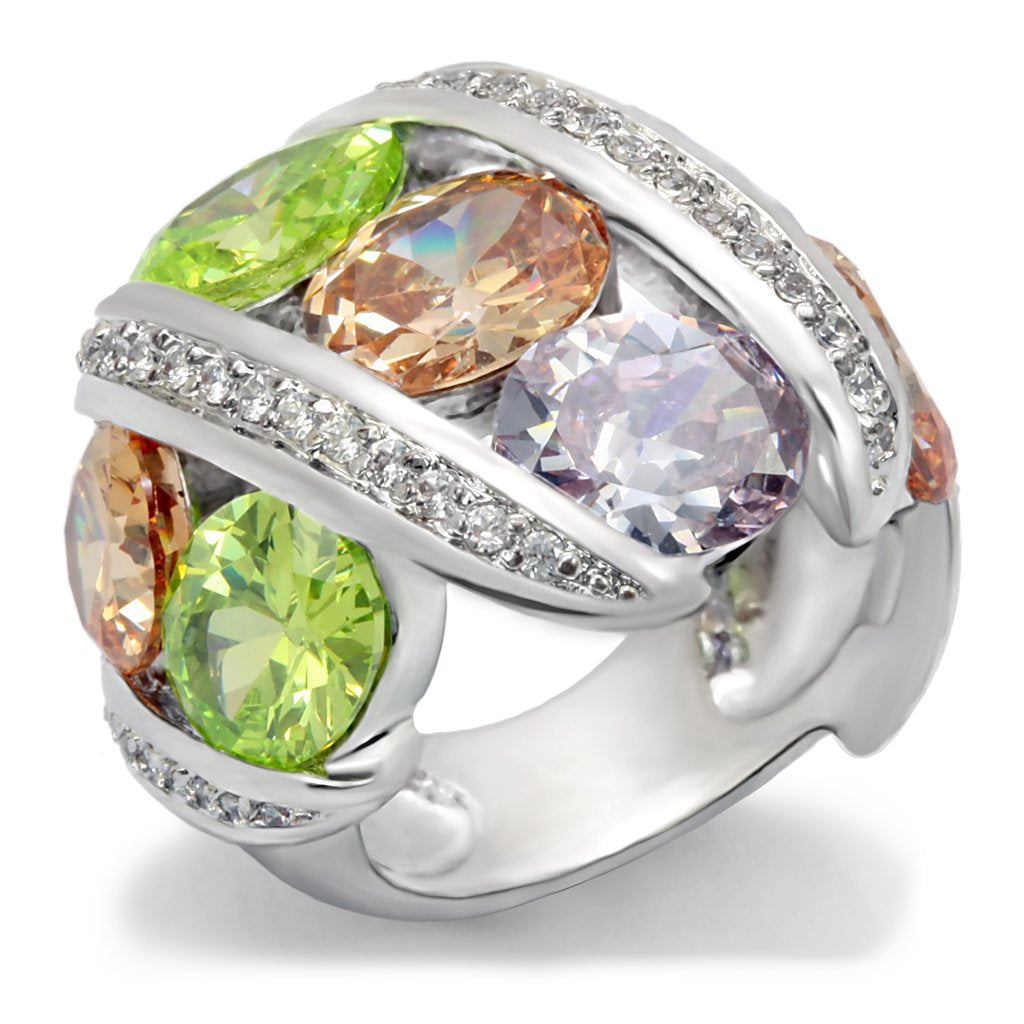 JCE019 Rhodium Brass Ring with AAA Grade CZ  in Multi Color