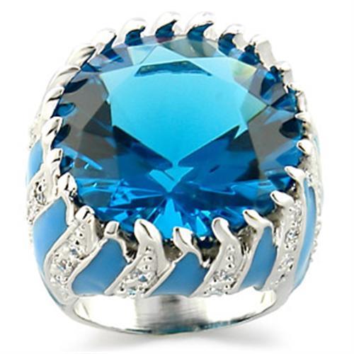 JCE189 Rhodium Brass Ring with Synthetic Synthetic Glass in Sea Blue