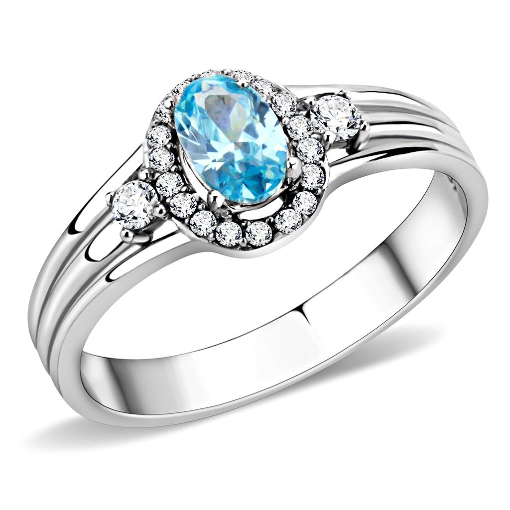 JCE166 High polished (no plating) Stainless Steel Ring with AAA Grade CZ  in Sea Blue