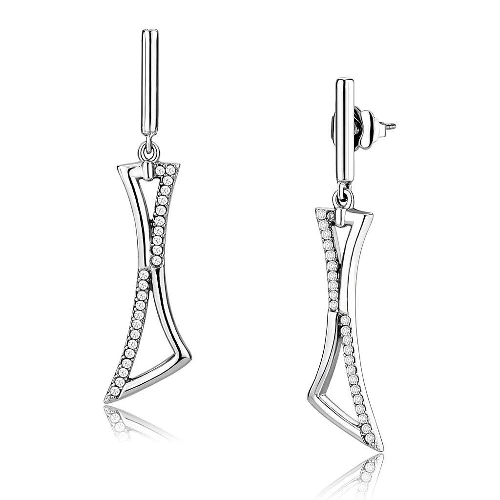 JCE372 High polished (no plating) Stainless Steel Earrings with AAA Grade CZ  in Clear
