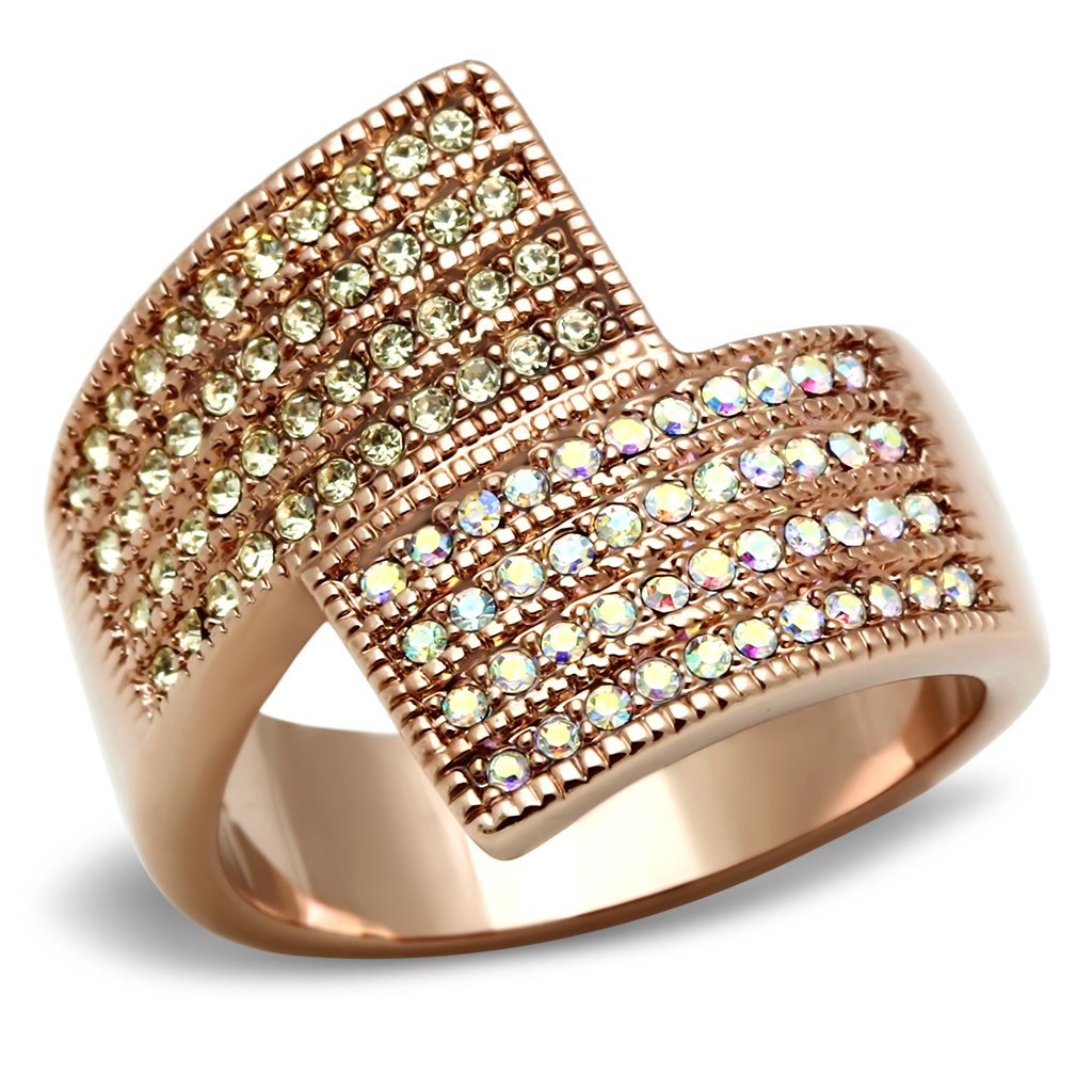 JCE229 IP Rose Gold(Ion Plating) Brass Ring with Top Grade Crystal  in Multi Color