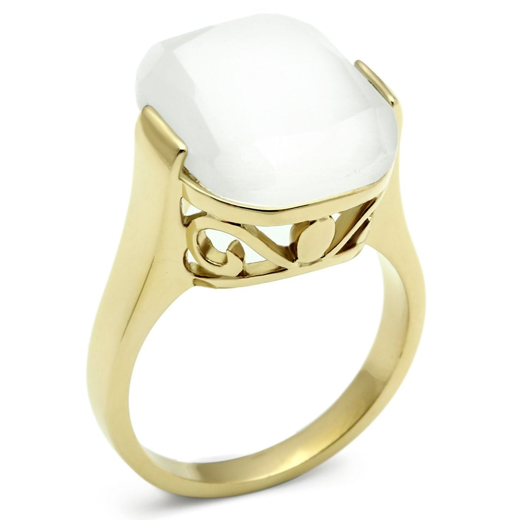 JCE309 IP Gold(Ion Plating) Brass Ring with Synthetic Cat Eye in White