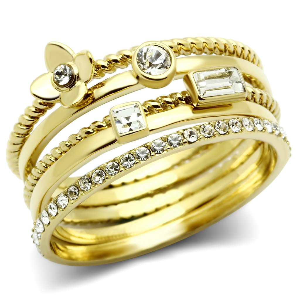 JCE322 IP Gold(Ion Plating) Brass Ring with Top Grade Crystal  in Clear