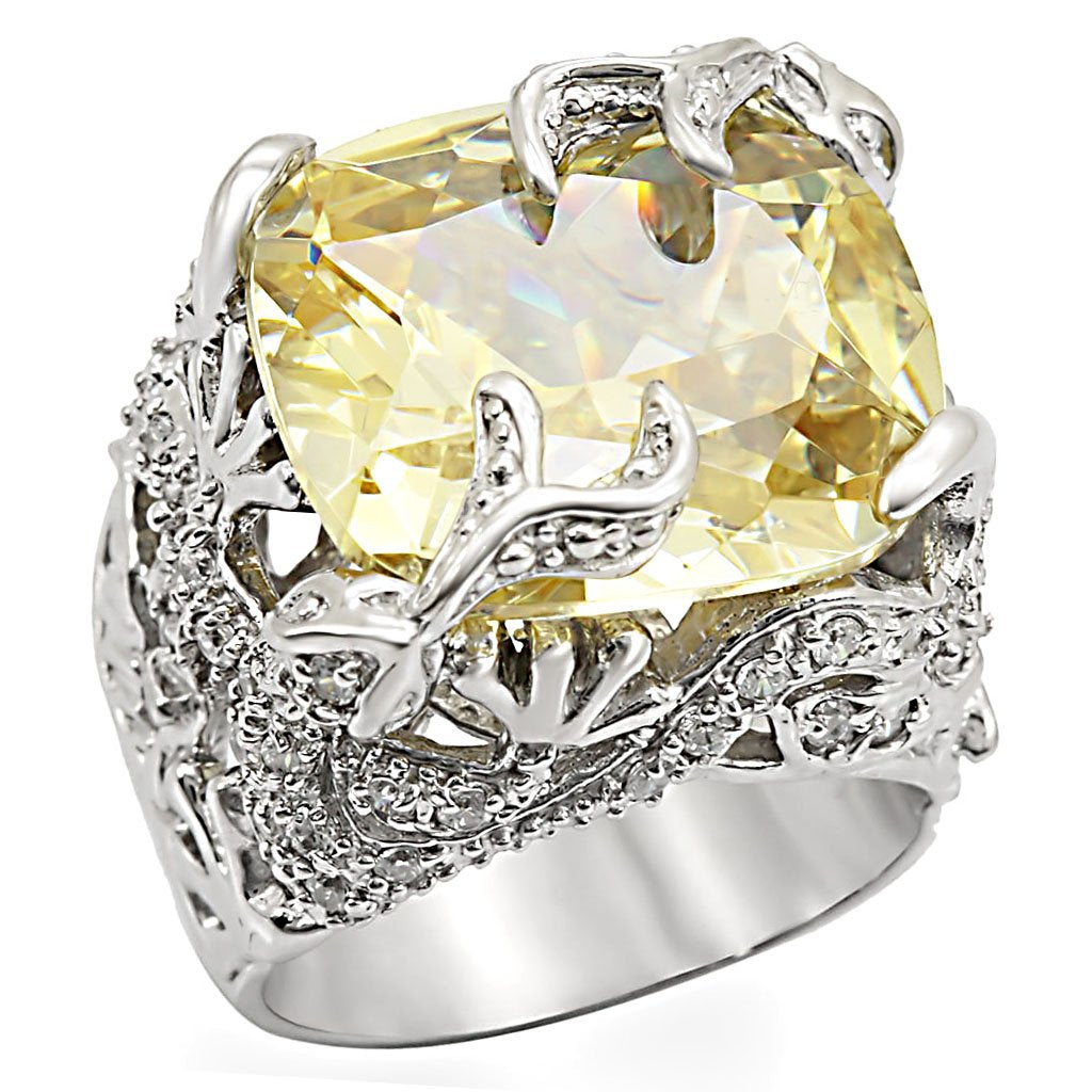JCES335 Rhodium 925 Sterling Silver Ring with AAA Grade CZ  in Citrine Yellow