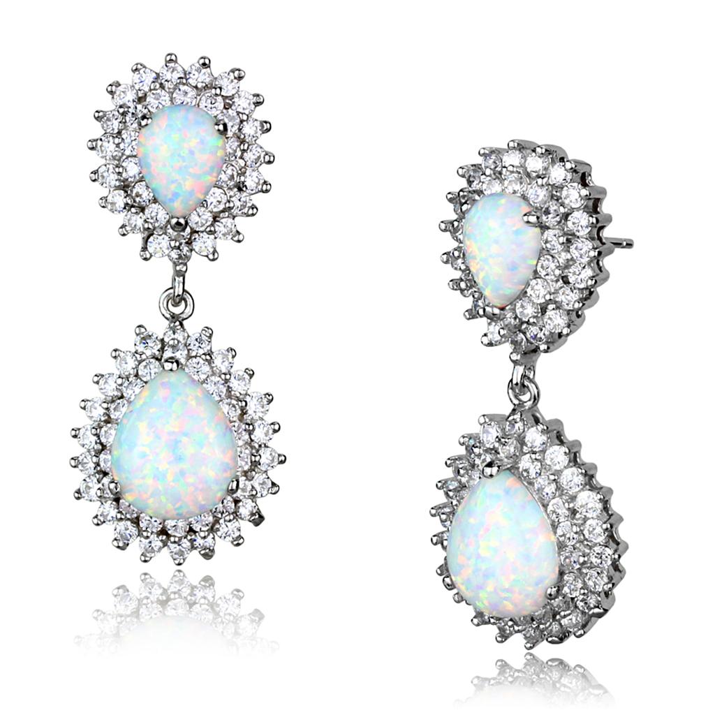 JCES879 Rhodium 925 Sterling Silver Earrings with Semi-Precious Opal in Aurora Borealis (Rainbow Effect)