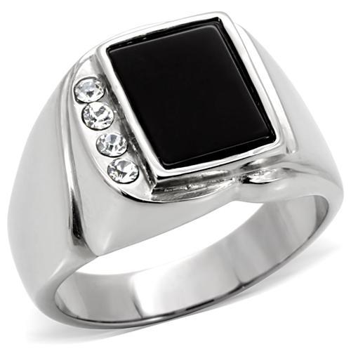 JCE02225 High polished (no plating) Stainless Steel Ring with Semi-Precious Agate in Jet