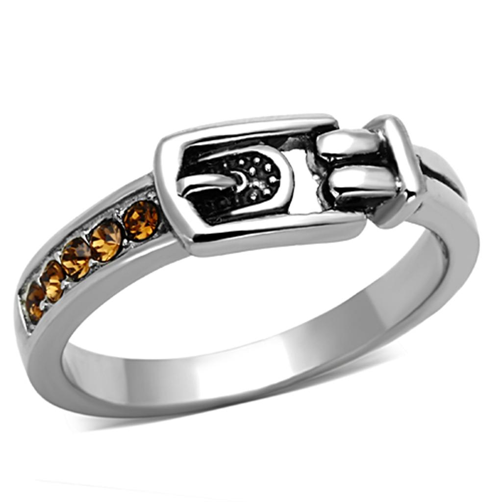JCE1079 High polished (no plating) Stainless Steel Ring with Top Grade Crystal  in Smoked Quartz
