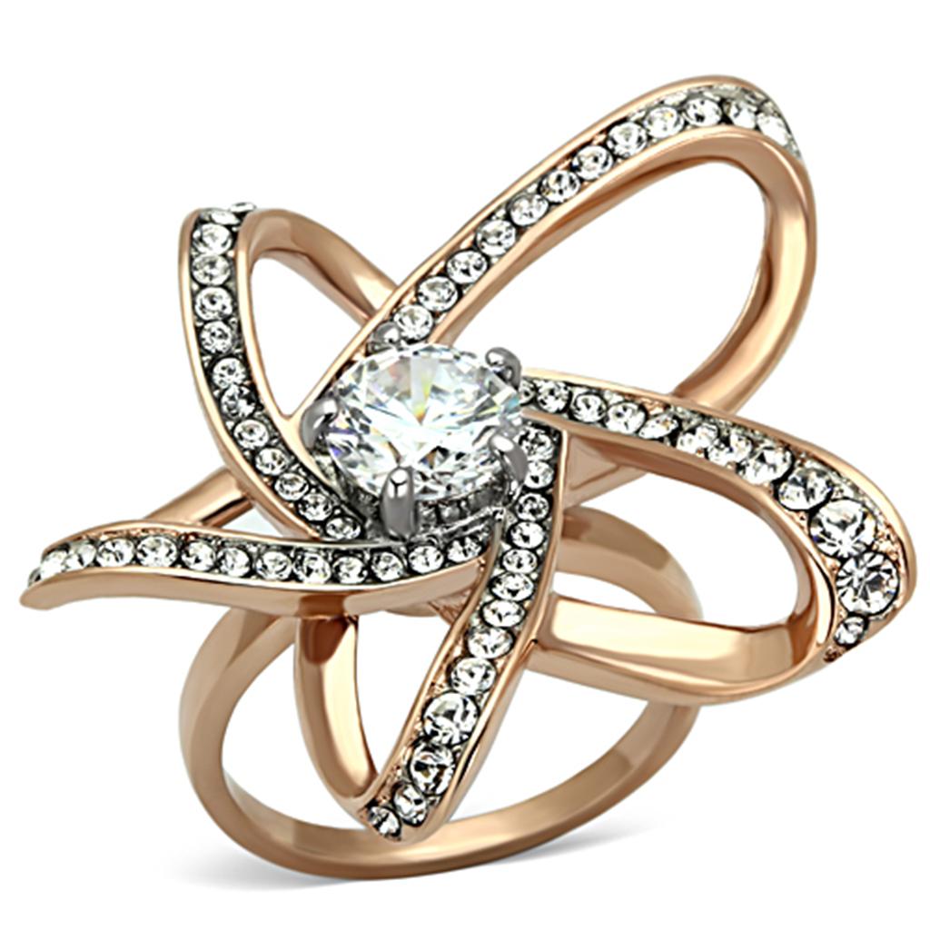 JCE1170 Two-Tone IP Rose Gold Stainless Steel Ring with AAA Grade CZ  in Clear