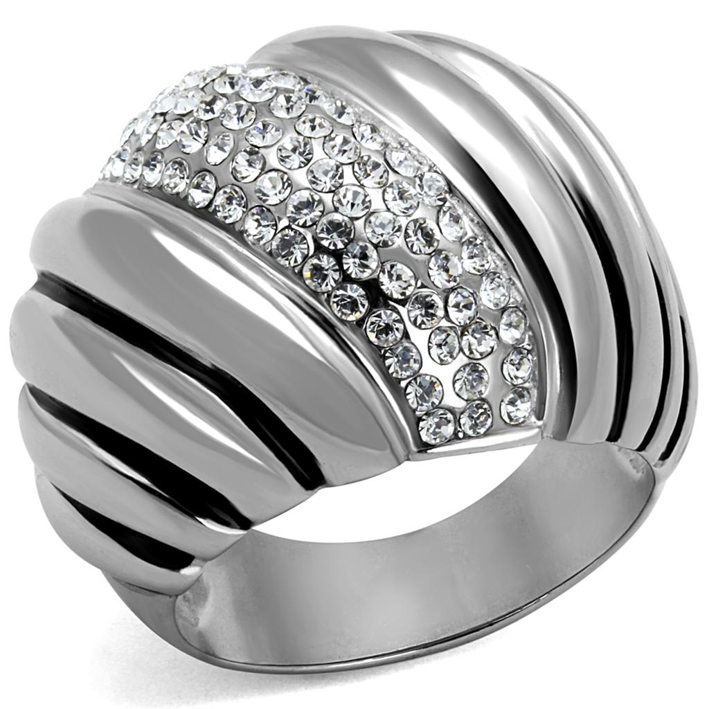 JCE1304 High polished (no plating) Stainless Steel Ring with Top Grade Crystal  in Clear