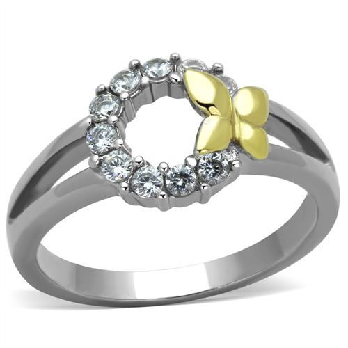 JCE1434 Two-Tone IP Gold (Ion Plating) Stainless Steel Ring with AAA Grade CZ  in Clear