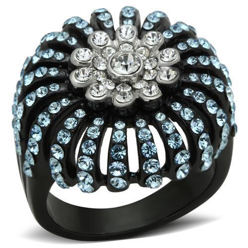 JCE1442 Two-Tone IP Black Stainless Steel Ring with Top Grade Crystal  in Sea Blue