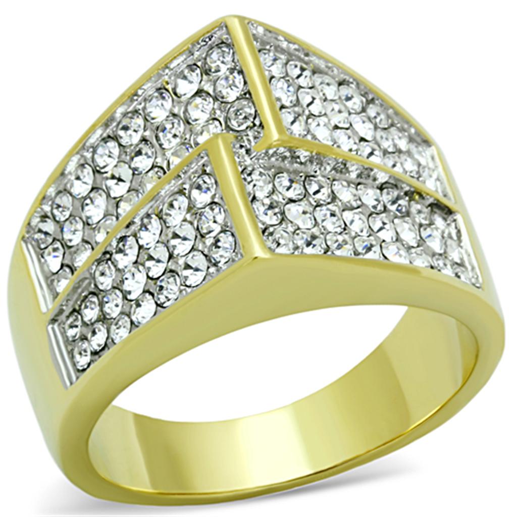 JCE1550 Two-Tone IP Gold (Ion Plating) Stainless Steel Ring with Top Grade Crystal  in Clear