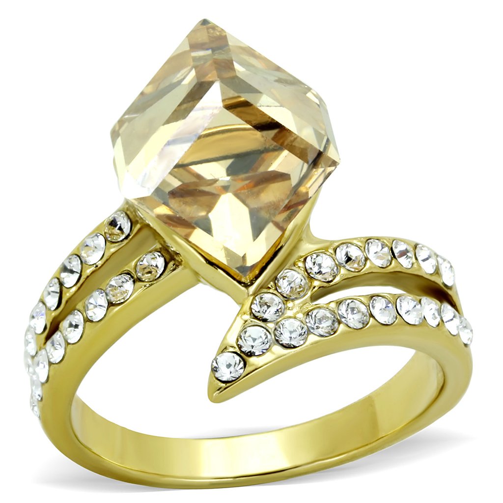 JCE1745 IP Gold(Ion Plating) Stainless Steel Ring with Top Grade Crystal  in Champagne
