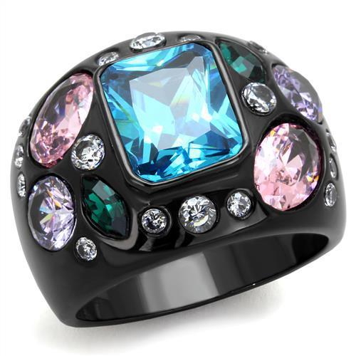 JCE1790 IP Black(Ion Plating) Stainless Steel Ring with AAA Grade CZ  in Sea Blue