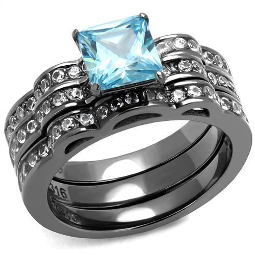 JCE2748 IP Light Black  (IP Gun) Stainless Steel Ring with AAA Grade CZ  in Sea Blue