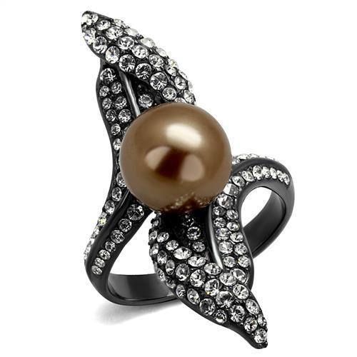 JCE2834 IP Light Black  (IP Gun) Stainless Steel Ring with Synthetic Pearl in Brown