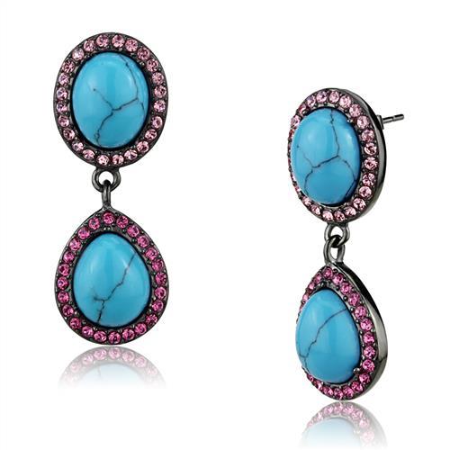 JCE2847 IP Light Black  (IP Gun) Stainless Steel Earrings with Synthetic Turquoise in Sea Blue