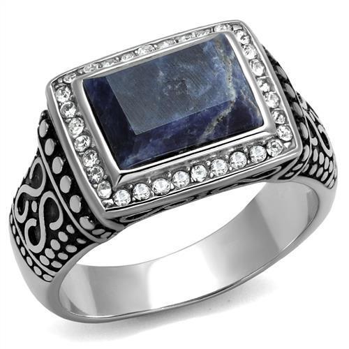 JCE3003 High polished (no plating) Stainless Steel Ring with Semi-Precious Sodalite in Capri Blue