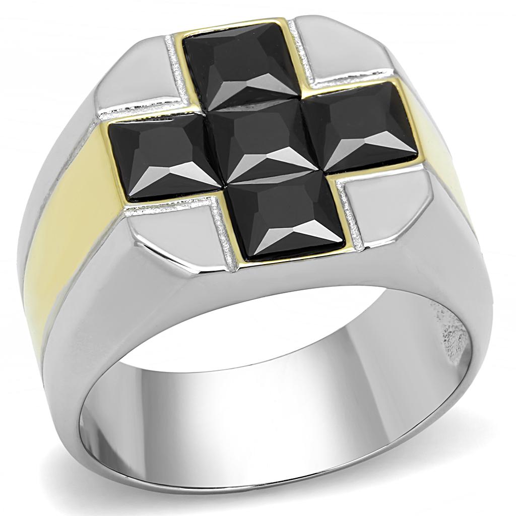 JCE3271 Two-Tone IP Gold (Ion Plating) Stainless Steel Ring with AAA Grade CZ  in Black Diamond