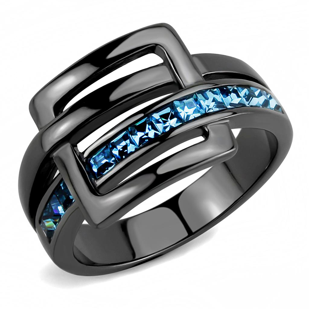 JCE3451 IP Light Black  (IP Gun) Stainless Steel Ring with Top Grade Crystal  in Sea Blue