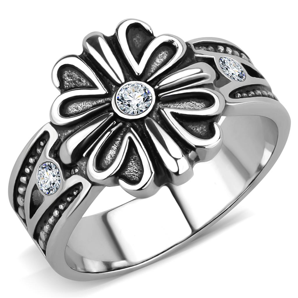 JCE3462 High polished (no plating) Stainless Steel Ring with Top Grade Crystal  in Clear
