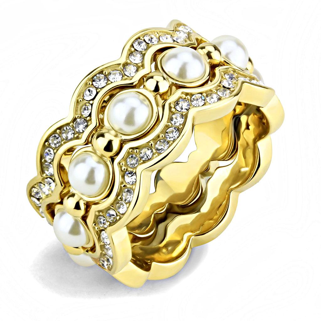JCE3520 IP Gold(Ion Plating) Stainless Steel Ring with Synthetic Pearl in White