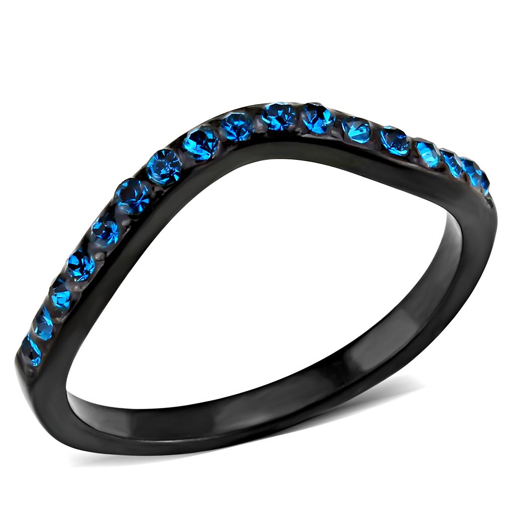JCE3557 IP Black(Ion Plating) Stainless Steel Ring with Top Grade Crystal  in Blue Zircon