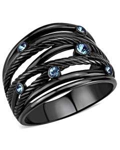 JCE3564 IP Black(Ion Plating) Stainless Steel Ring with Top Grade Crystal  in Sea Blue