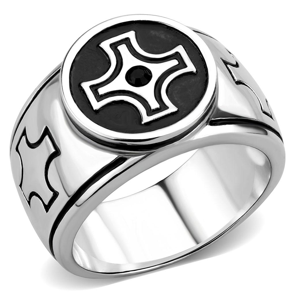 JCE3617 High polished (no plating) Stainless Steel Ring with Top Grade Crystal  in Jet