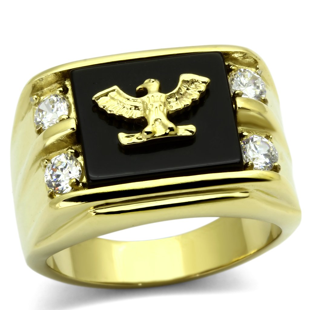 JCE793 IP Gold(Ion Plating) Stainless Steel Ring with Semi-Precious Agate in Jet