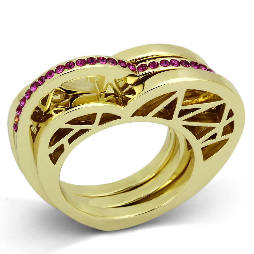 JCE863 IP Gold(Ion Plating) Stainless Steel Ring with Top Grade Crystal  in Fuchsia