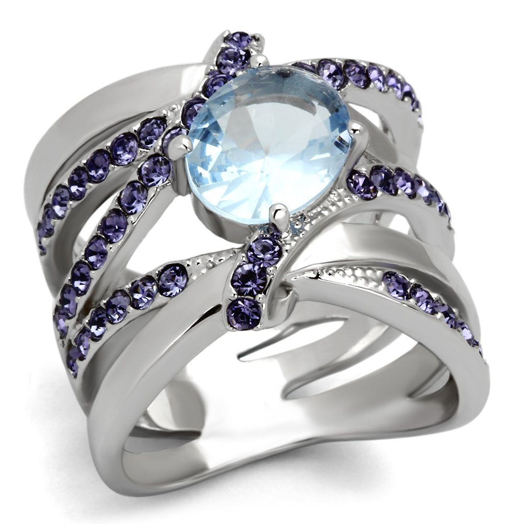 JCE865 High polished (no plating) Stainless Steel Ring with Synthetic Synthetic Glass in Light Sapphire