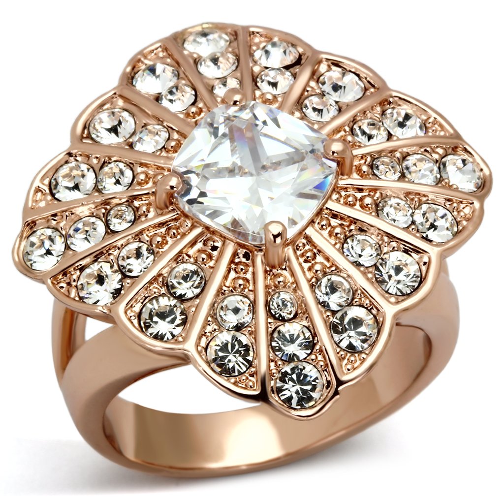 JCE866 IP Rose Gold(Ion Plating) Stainless Steel Ring with AAA Grade CZ  in Clear