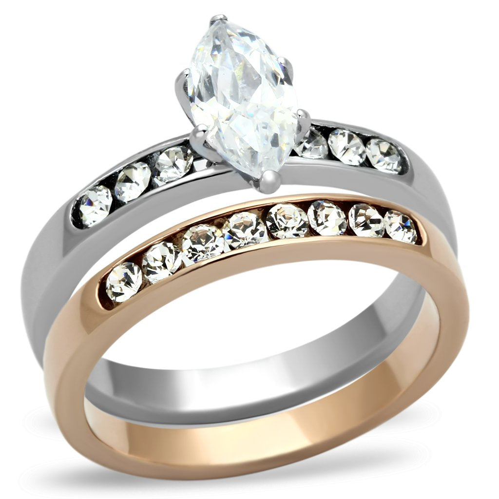 JCE965 Two-Tone IP Rose Gold Stainless Steel Ring with AAA Grade CZ  in Clear