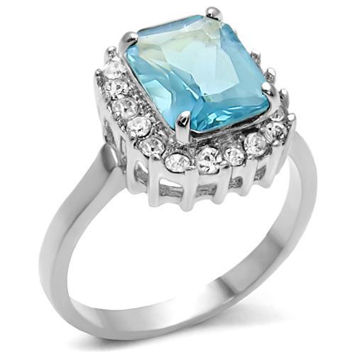 JCE9X041 High polished (no plating) Stainless Steel Ring with Synthetic Synthetic Glass in Sea Blue