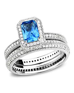 JCE615 Rhodium 925 Sterling Silver Ring with Synthetic Synthetic Glass in Sea Blue